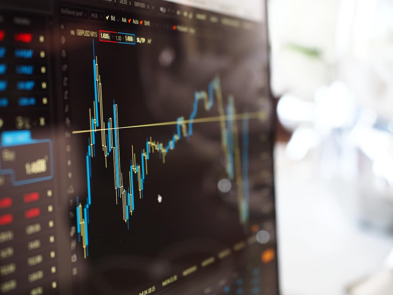 Stock market chart with green and red bars on a computer screen for beginner investors