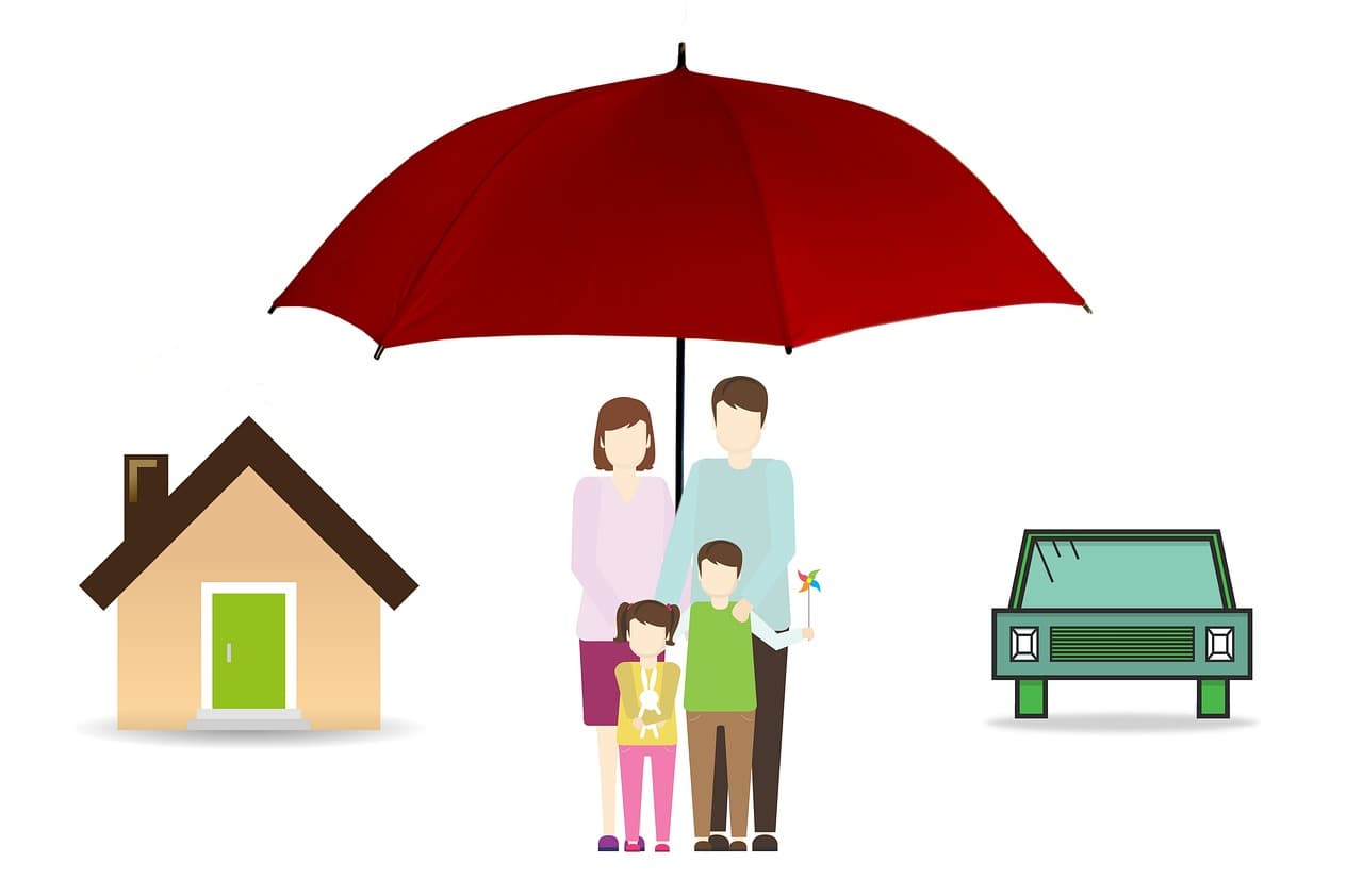 Paper cut-out family sheltered under an umbrella representing life insurance for children