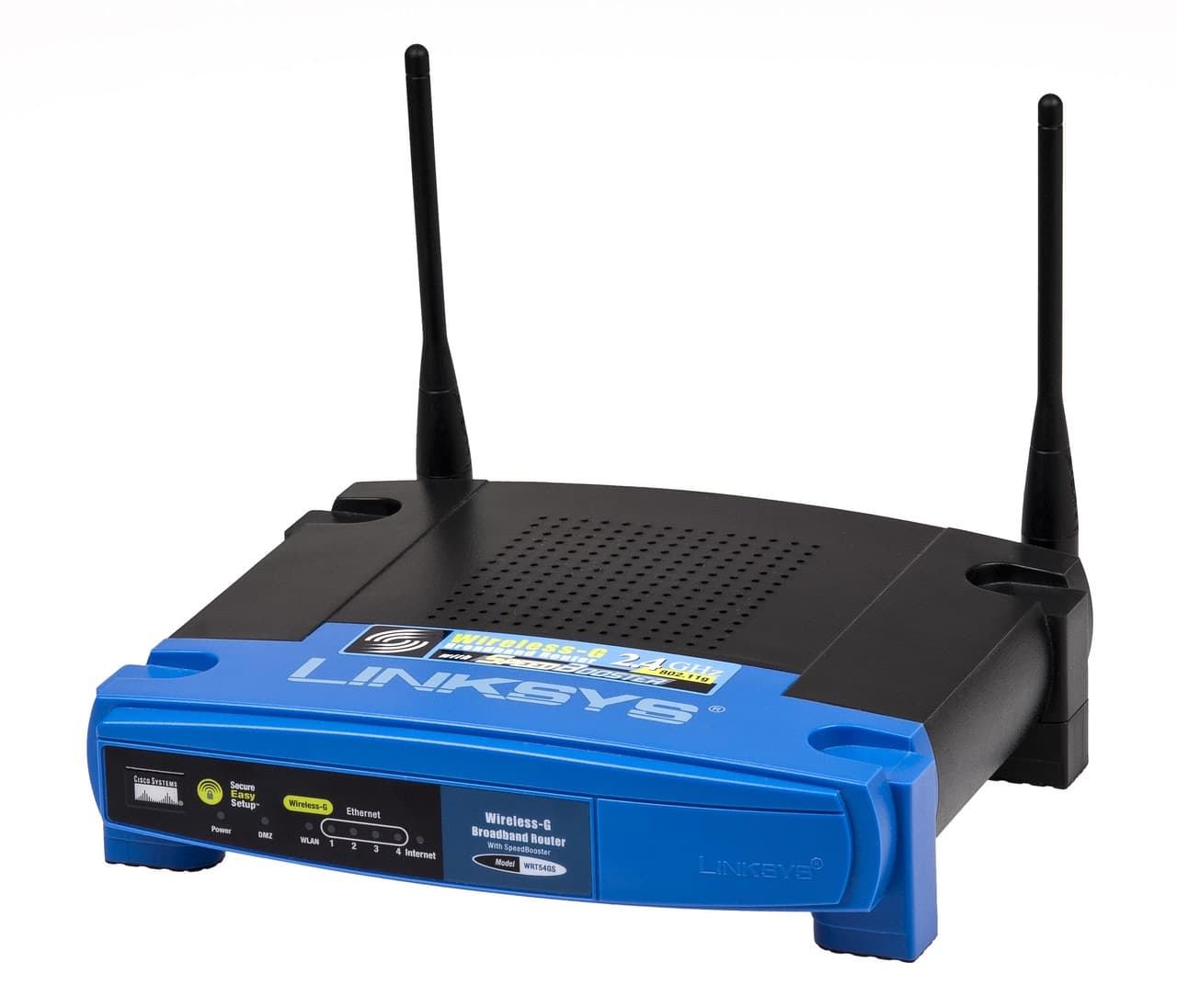 Wireless internet router with glowing indicator lights on a home office desk