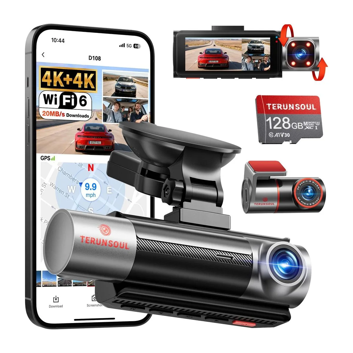 4K+4K+1080P 3 Channel Dash Cam Front and Rear with Cabin